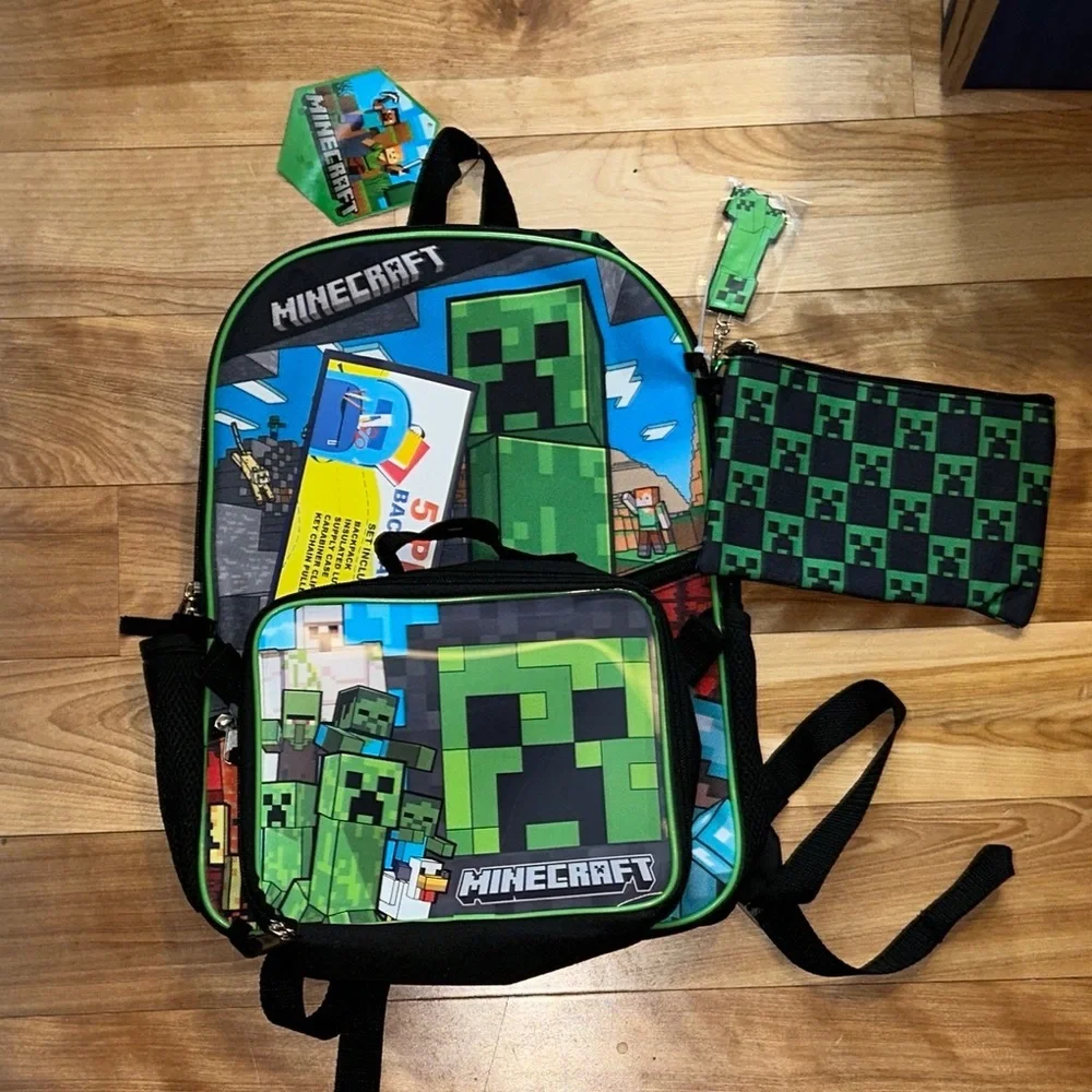 Green and Black Minecraft Creeper Backpack Set